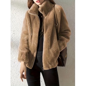 Drawstring Teddy Coat, Casual Zip Up Long Sleeve Warm Outerwear, Women's Clothing