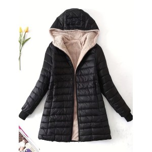 Zip Up Solid Hooded Coat, Casual Long Sleeve Winter Warm Outerwear, Women's Clothing