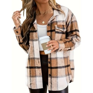 Plaid Print Pocket Button Front Jacket, Casual Collared Long Sleeve Outerwear, Women's Clothing