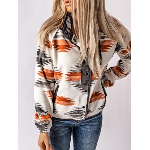 Aztec Print Button Front Jacket, Boho Long Sleeve Outerwear, Women's Clothing