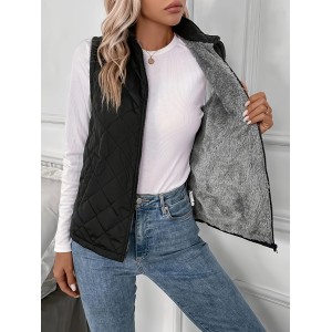 Argyle Pattern Fall & Winter Vest, Casual Zip Up Sleeveless Vest, Women's Clothing