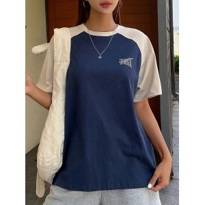 Letter Print Colorblock Crew Neck T-Shirt, Casual Raglan Sleeve Top For Spring & Summer, Women's Clothing