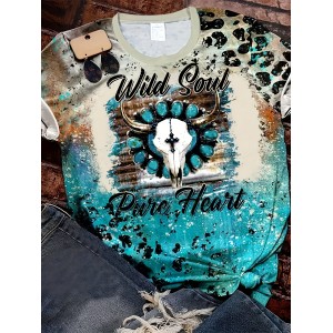 Cow Skull & Letter Print Vintage T-shirt, Crew Neck Short Sleeve Top For Spring & Summer, Women's Clothing