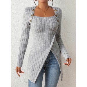 Button Decor Asymmetrical Hem T-Shirt, Casual Ribbed Long Sleeve Top For Spring & Fall, Women's Clothing