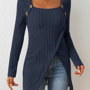 Button Decor Asymmetrical Hem T-Shirt, Casual Ribbed Long Sleeve Top For Spring & Fall, Women's Clothing