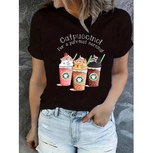 Coffee Cat Print Crew Neck T-shirt, Casual Short Sleeve Summer Top, Women's Clothing