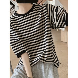 Crew Neck Striped T-Shirt, Random Print Casual Top For Summer & Spring, Women's Clothing