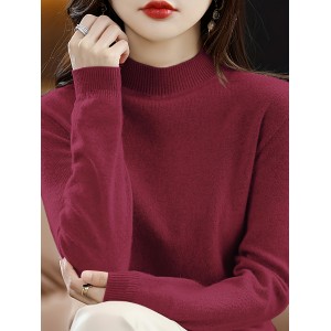 Solid Mock Neck Knit Sweater, Casual Long Sleeve Simple Sweater, Women's Clothing