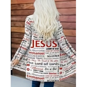 Jesus Print Open Front Cardigan, Casual Long Sleeve Cardigan For Spring & Fall, Women's Clothing