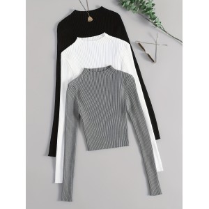 Solid Mock Neck Rib Knit Top 3 Pack, Casual Long Sleeve Slim Versatile Sweater, Women's Clothing