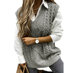 Cable V-Neck Sweater Vests, Casual Loose Sleeveless Fall Winter Knit Sweater Vest, Women's Clothing