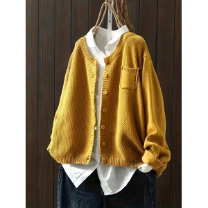 Solid Button Down Knit Cardigan, Casual Long Sleeve Loose Sweater With Pocket, Women's Clothing