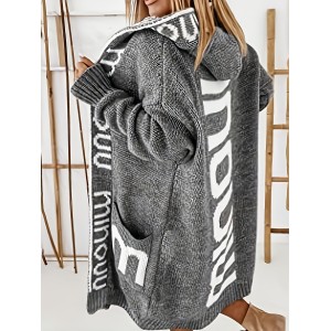 Letter Print Waterfall Collar Knit Cardigan, Casual Hooded Long Sleeve Sweater With Pockets, Women's Clothing