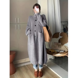 Solid Button Front Turtle Neck Cardigan, Casual Long Sleeve Pocket Oversized Sweater Overcoat, Women's Clothing