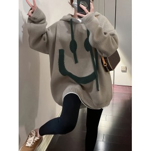 Smile Face Pattern Oversized Hoodies, Casual Drawstring Long Sleeve Sweater, Women's Clothing