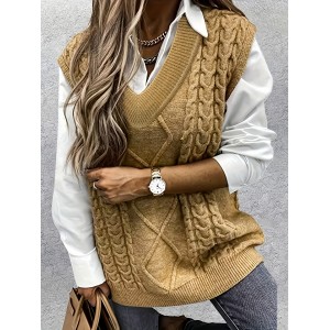 Cable V Neck Knitted Vest, Casual Sleeveless Vest For Spring & Fall, Women's Clothing