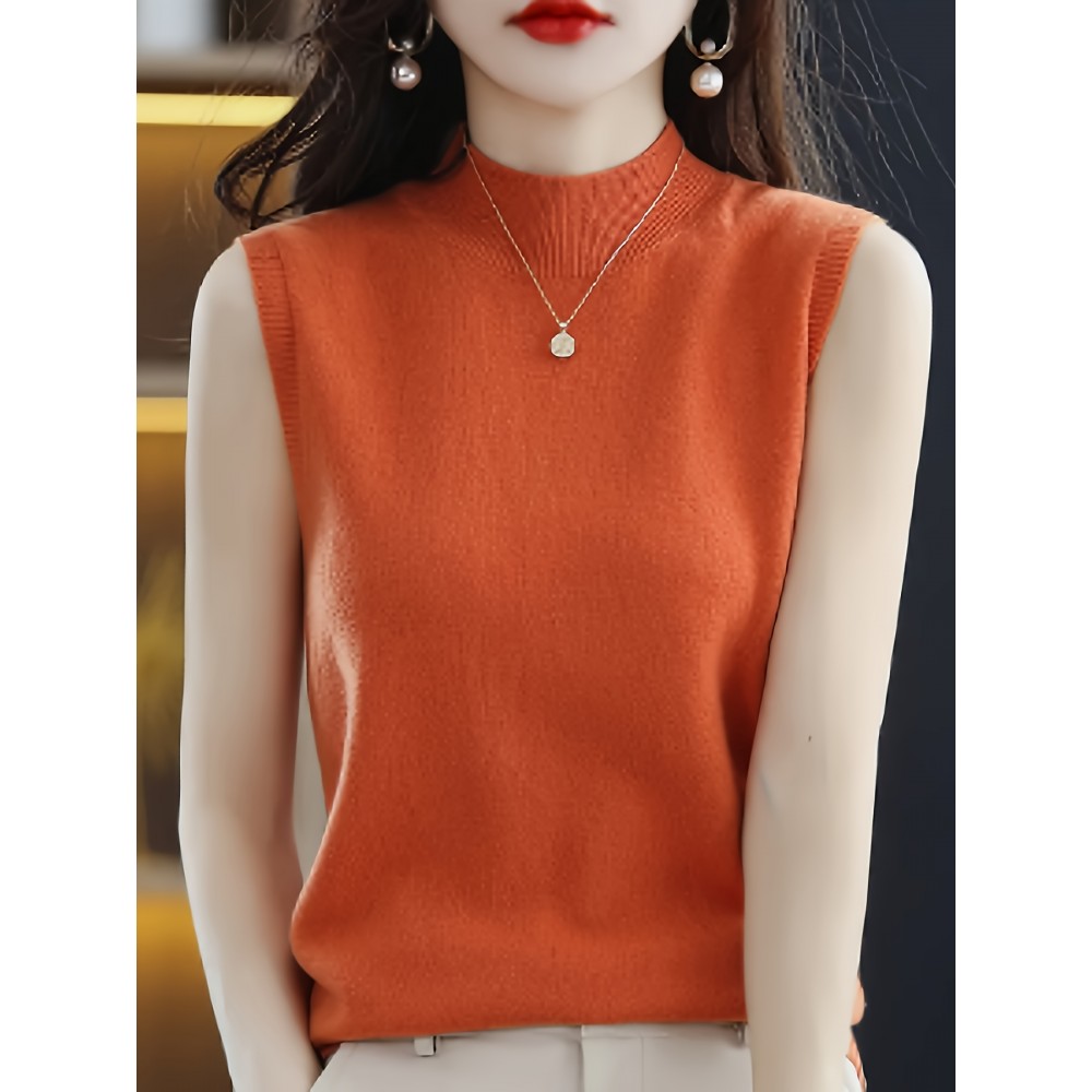 Solid Mock Neck Knitted Top, Elegant Sleeveless Versatile Top, Women's Clothing