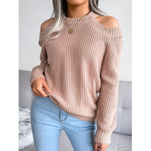 Solid Color Crew Neck Cold Shoulder Knitted Tops, Casual Everyday Pullover Sweaters, Women's Clothing