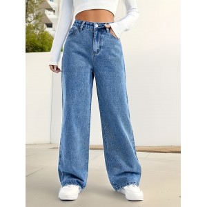 Loose Fit Washed Straight Jeans, Slant Pockets Non-Stretch Denim Pants, Women's Denim Jeans & Clothing