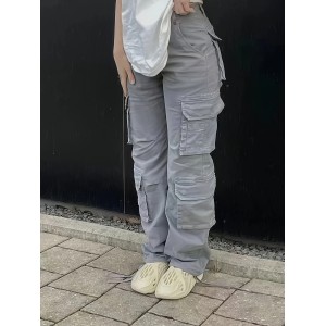 Plain Flap Pockets Cargo Pants, Loose Fit Y2K & Kpop Style Straight Jeans, Women's Denim Jeans & Clothing