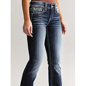 Washed Personality Pockets Boot-Cut Jeans, High Stretch Casual Denim Pants, Women's Denim Jeans & Clothing