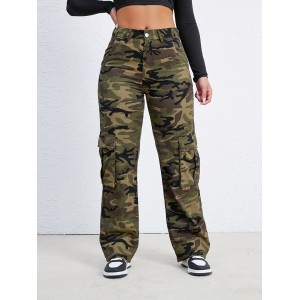 Camo Flap Pockets Cargo Pants, Loose Fit High Waist Straight Jeans, Women's Denim Jeans & Clothing