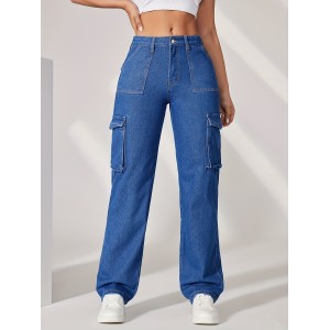 Blue Flap Pockets Cargo Pants, Loose Fit High Waist Y2K & Kpop Style Straight Jeans, Women's Denim Jeans & Clothing