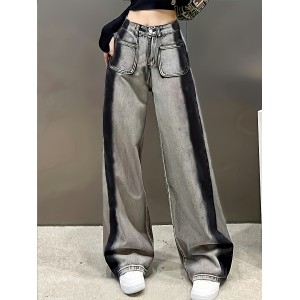 Contrast Color Casual Baggy Jeans, Loose Fit Non-Stretch Washed Wide Legs Jeans, Women's Denim Jeans & Clothing