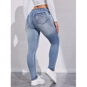 Drawstring Elastic Waist Skinny Jeans, High Stretch Slim Fit Washed Tight Jeans, Women's Denim Jeans & Clothing