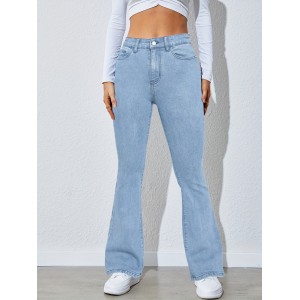 High Waist High Strech Light Blue Bootcut Jeans, Zipper Button Closure Flare Leg Causal Denim Pants, Women's Denim Jeans & Clothing