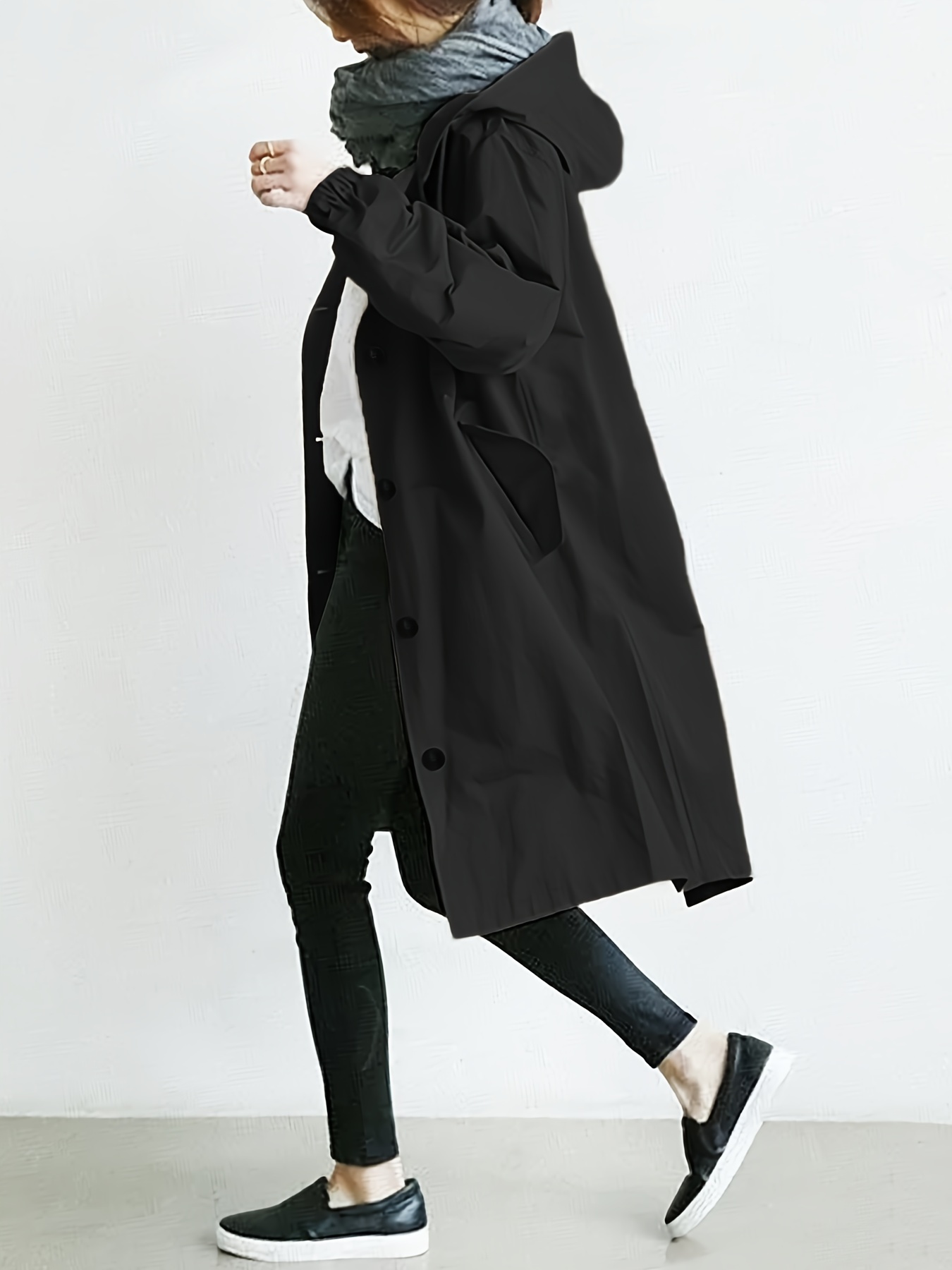 drawstring hooded trench coat casual solid long sleeve outerwear womens clothing details 2