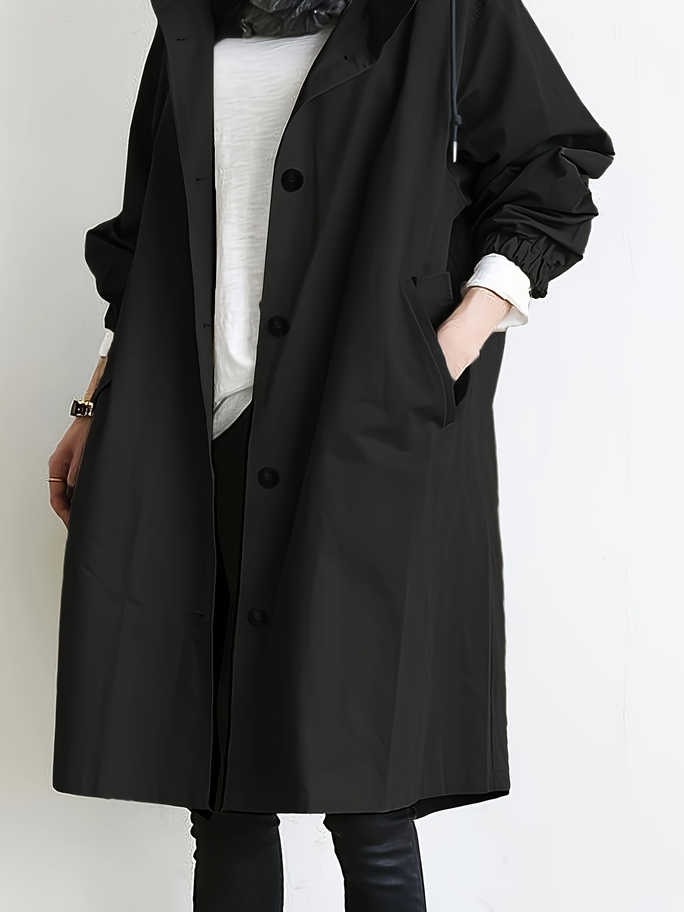 drawstring hooded trench coat casual solid long sleeve outerwear womens clothing details 4