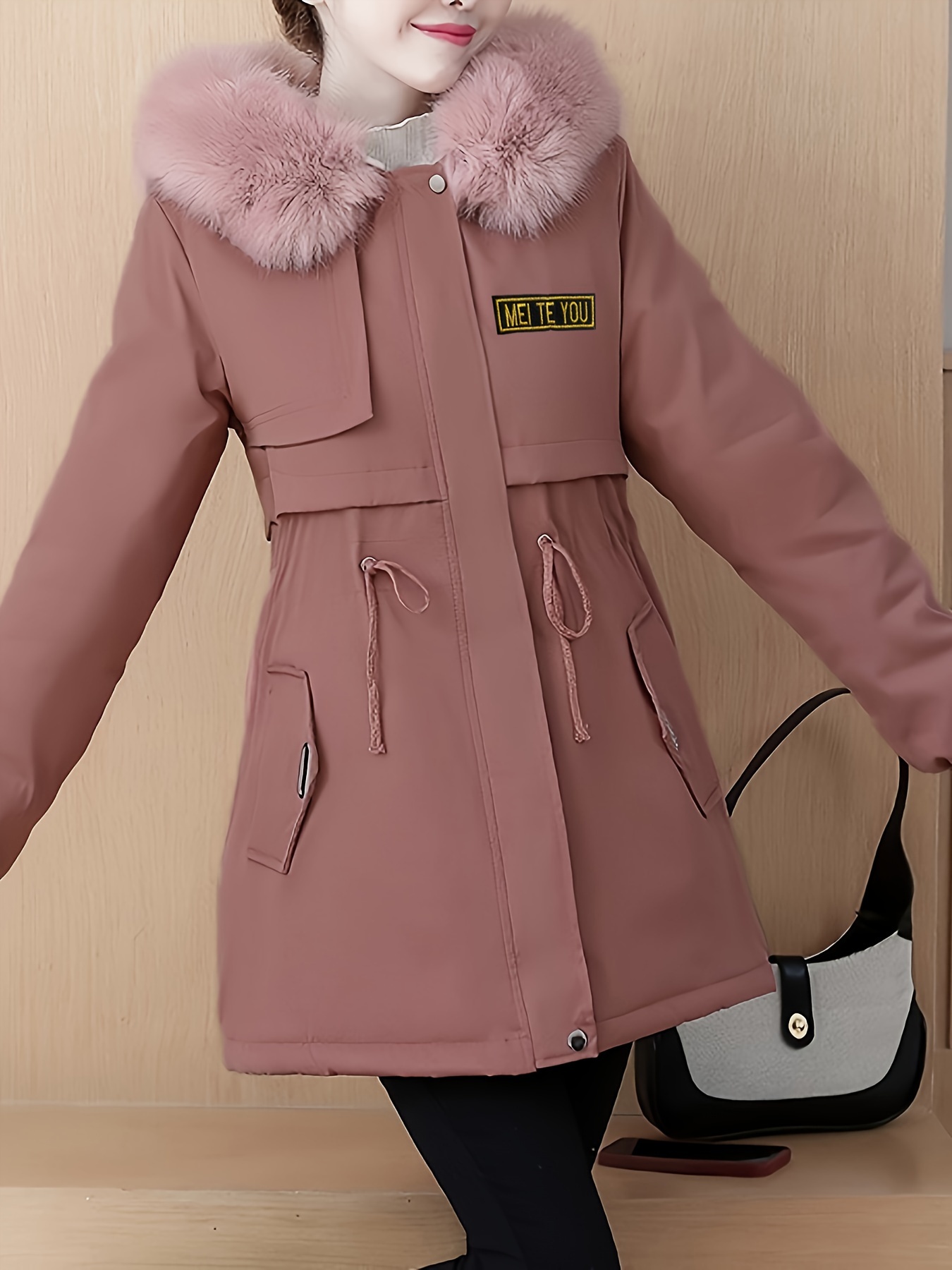 fluffy trim hooded warm coat casual zip up long sleeve winter outerwear womens clothing details 0