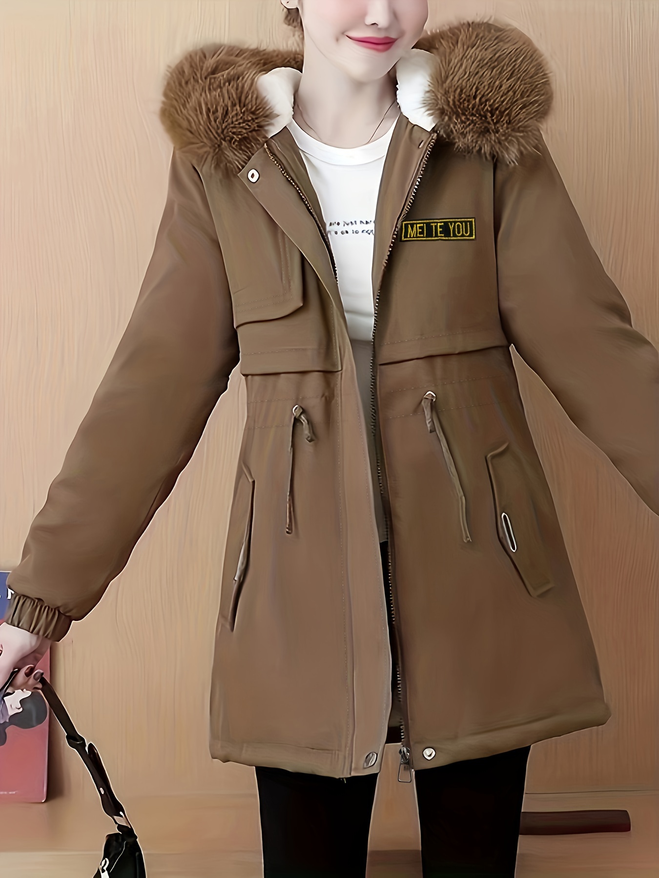 fluffy trim hooded warm coat casual zip up long sleeve winter outerwear womens clothing details 6