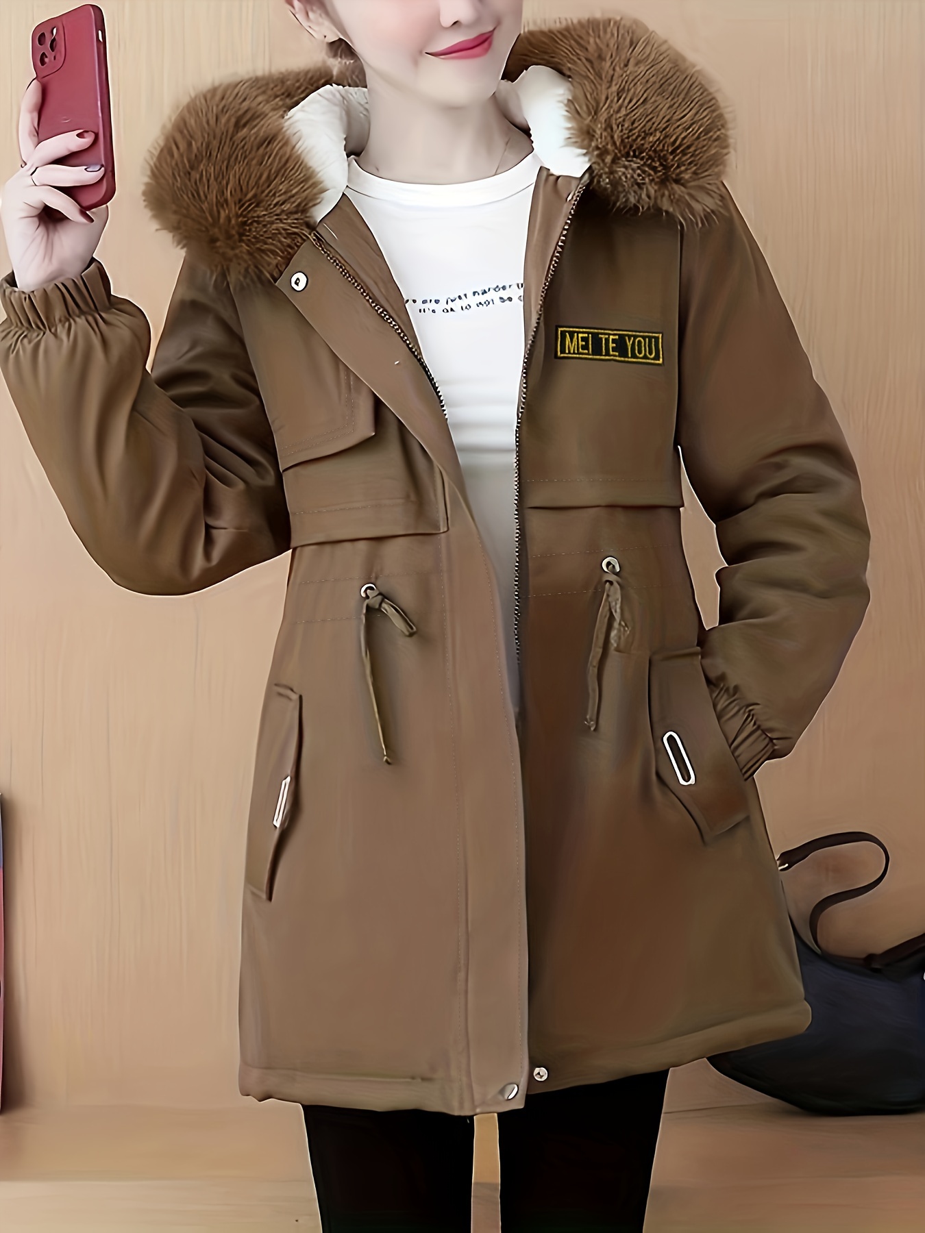 fluffy trim hooded warm coat casual zip up long sleeve winter outerwear womens clothing details 7