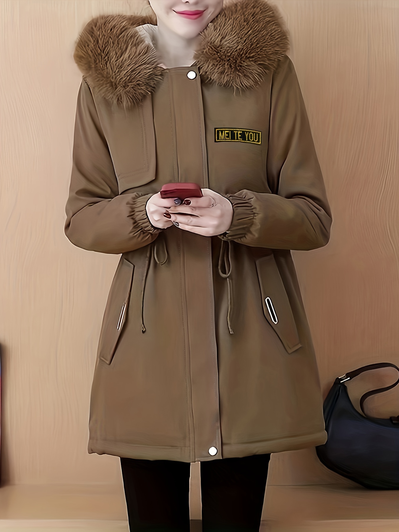 fluffy trim hooded warm coat casual zip up long sleeve winter outerwear womens clothing details 9