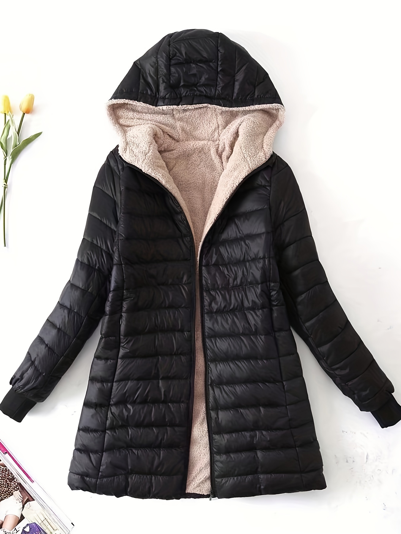 zip up solid hooded coat casual long sleeve winter warm outerwear womens clothing details 1