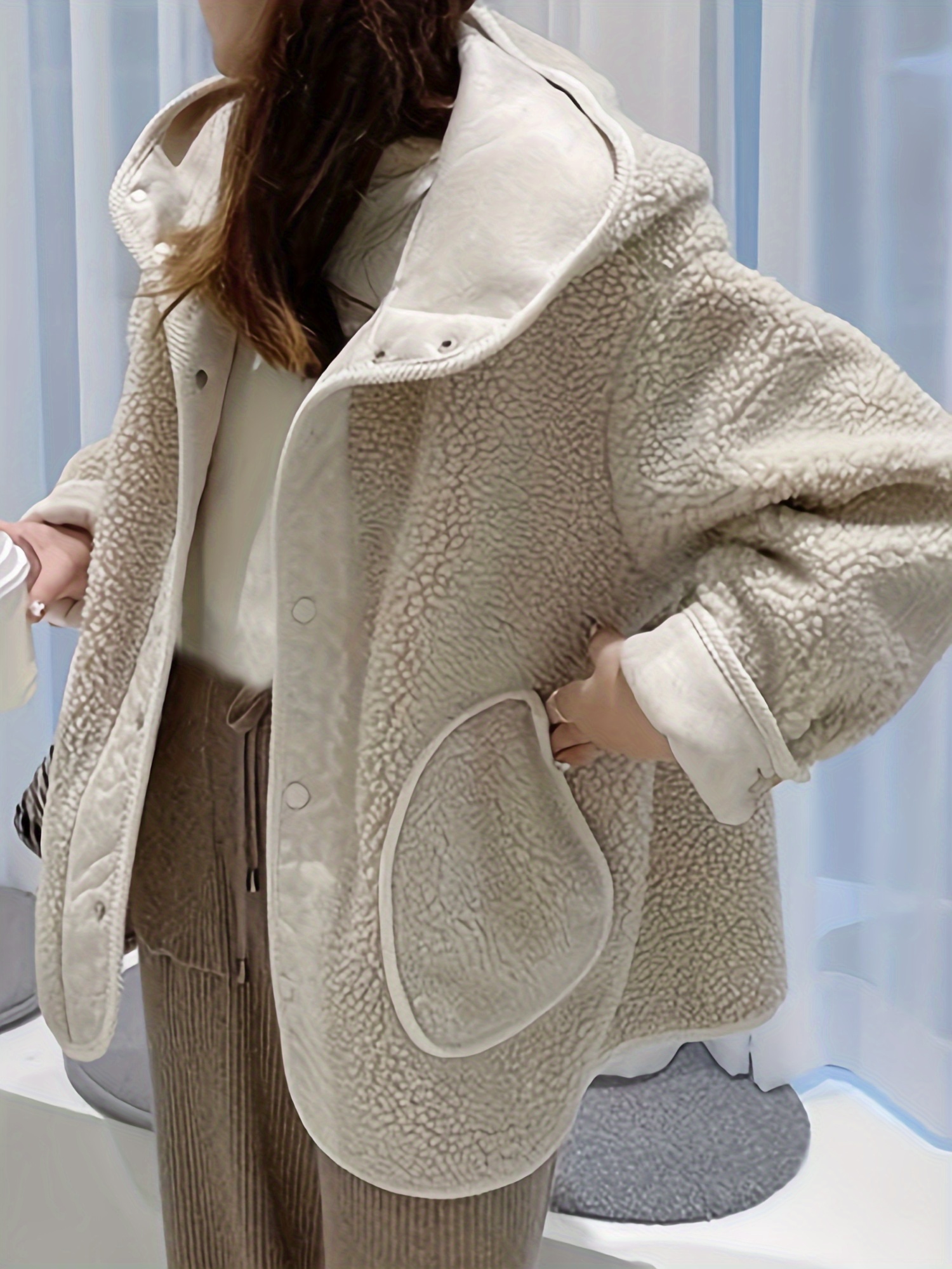 solid hooded teddy coat casual button front long sleeve winter outerwear womens clothing details 2