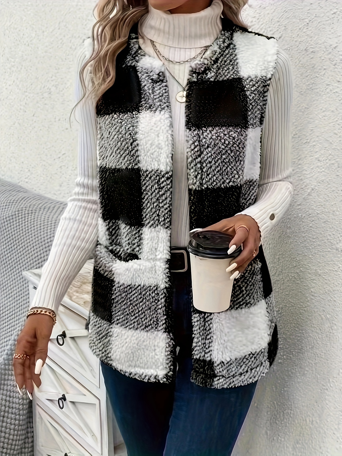 plaid pattern teddy vest casual open front sleeveless vest womens clothing details 2