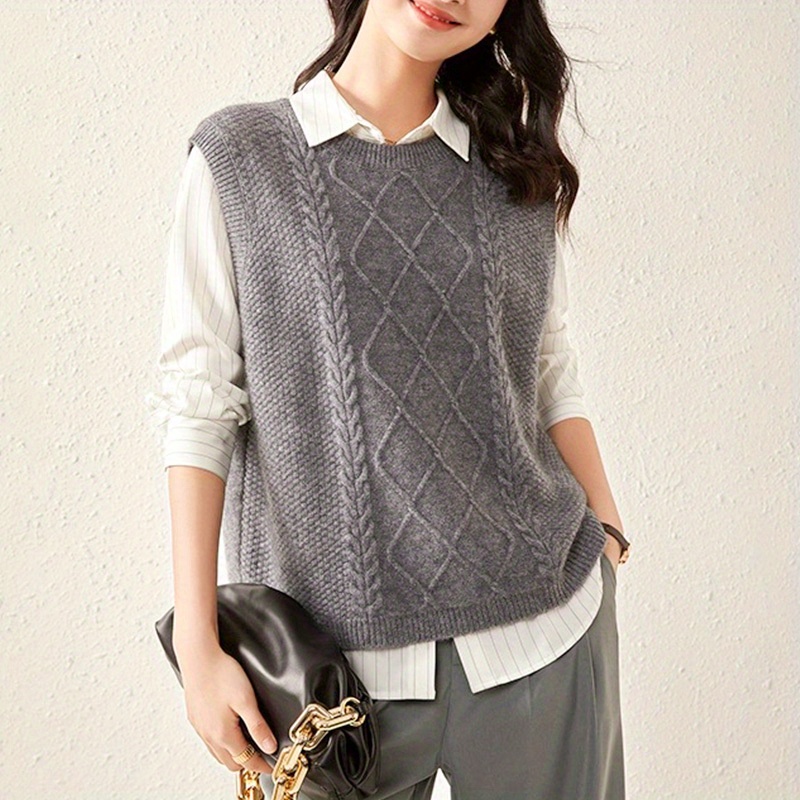 solid cable knit sweater vest versatile sleeveless sweater for fall winter womens clothing details 3