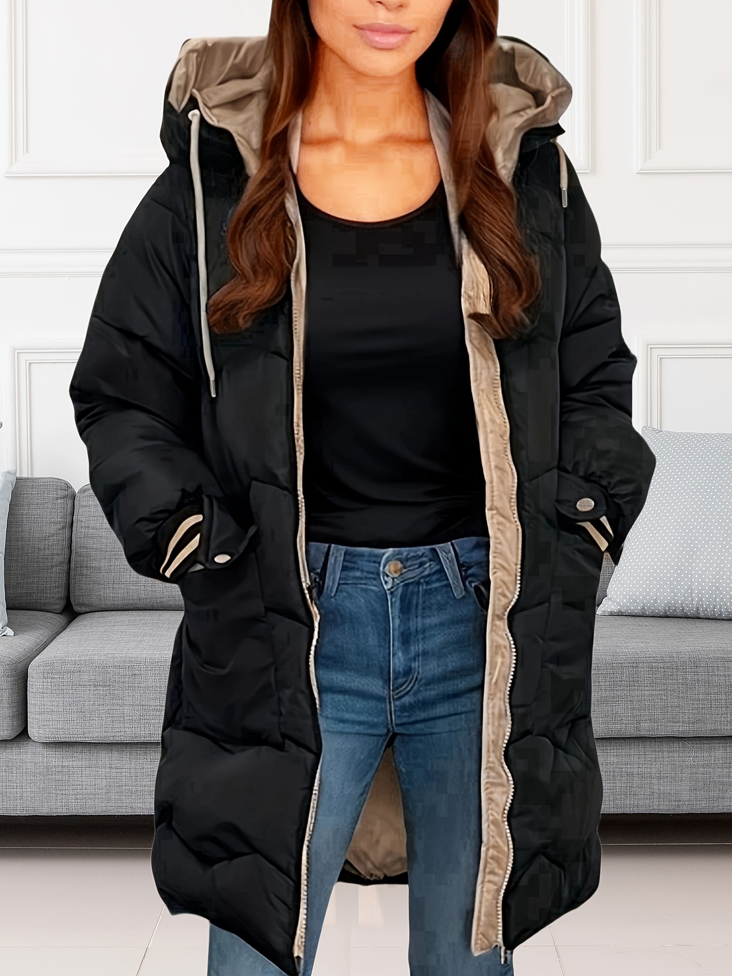 zip up color block hooded coat casual long sleeve winter warm outerwear womens clothing details 14