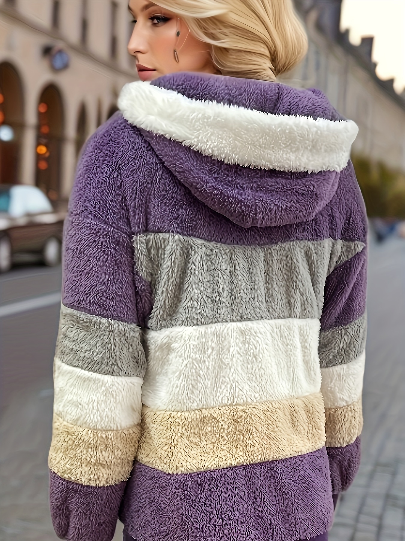 color block fuzzy hooded coat casual long sleeve winter warm outerwear womens clothing details 14