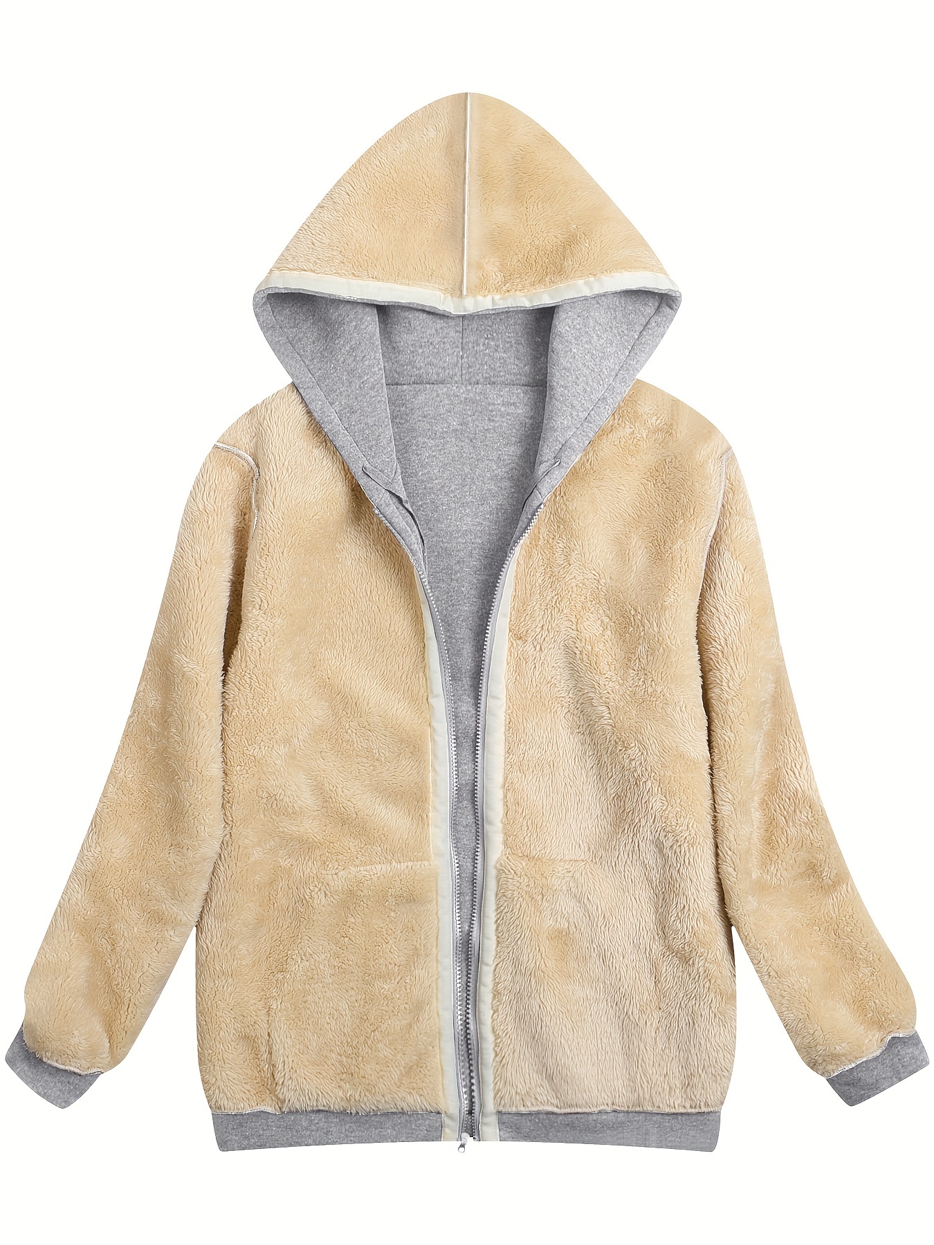 fuzzy hooded jacket casual zip up drawstring long sleeve solid outerwear womens clothing details 7