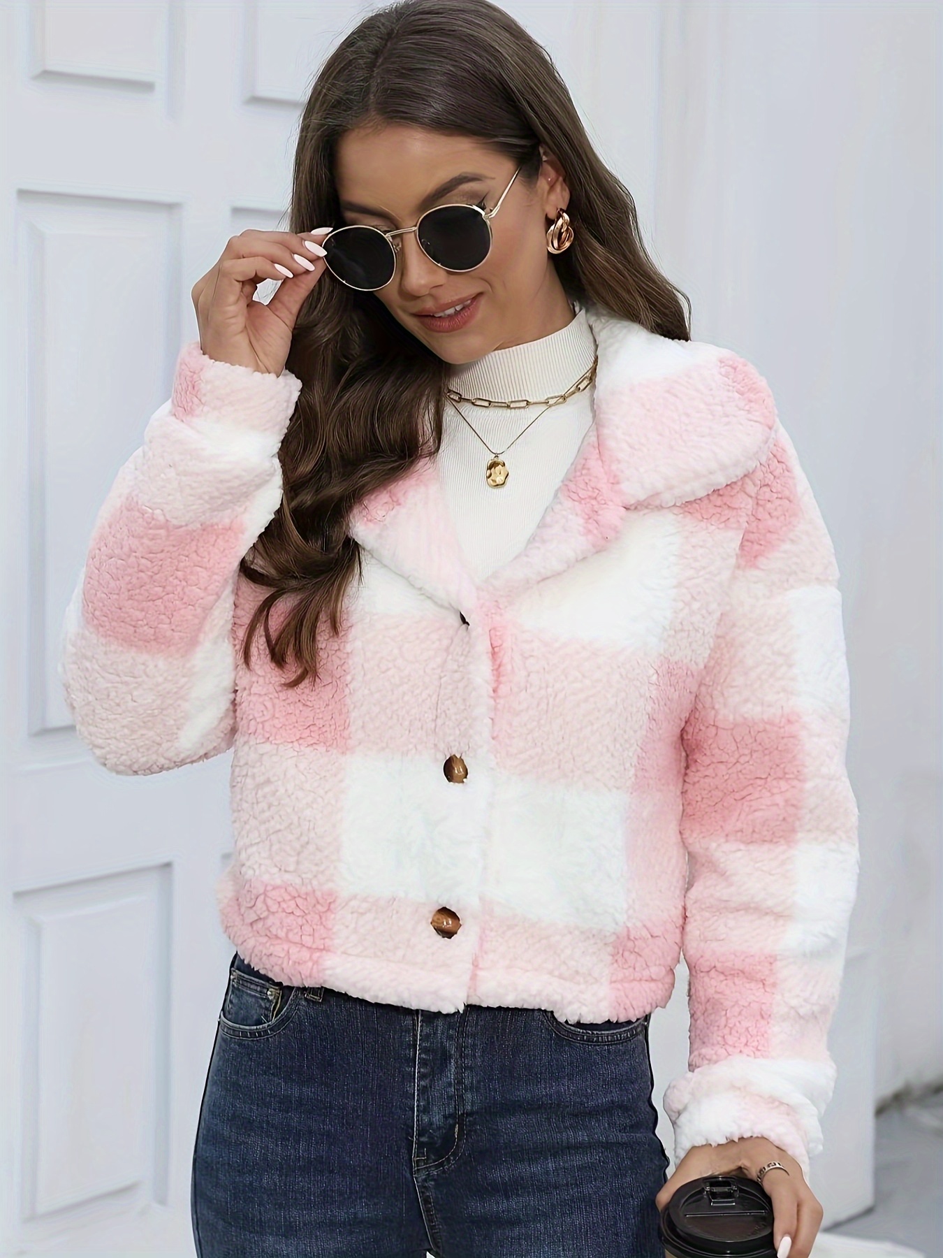 plaid teddy coat casual button front long sleeve winter warm outerwear womens clothing details 2