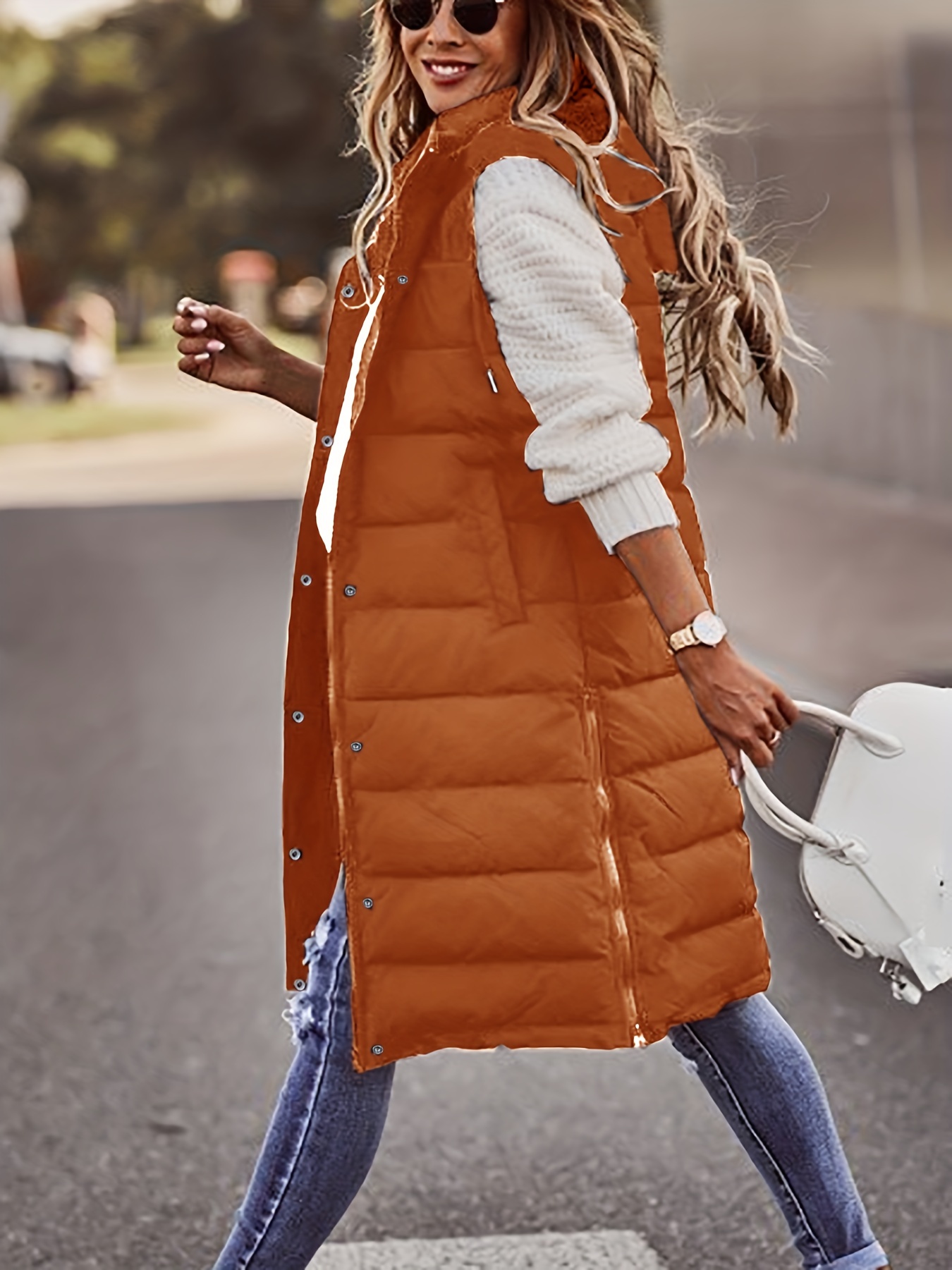 hooded sleeveless coat casual long length versatile winter warm outerwear womens clothing details 1