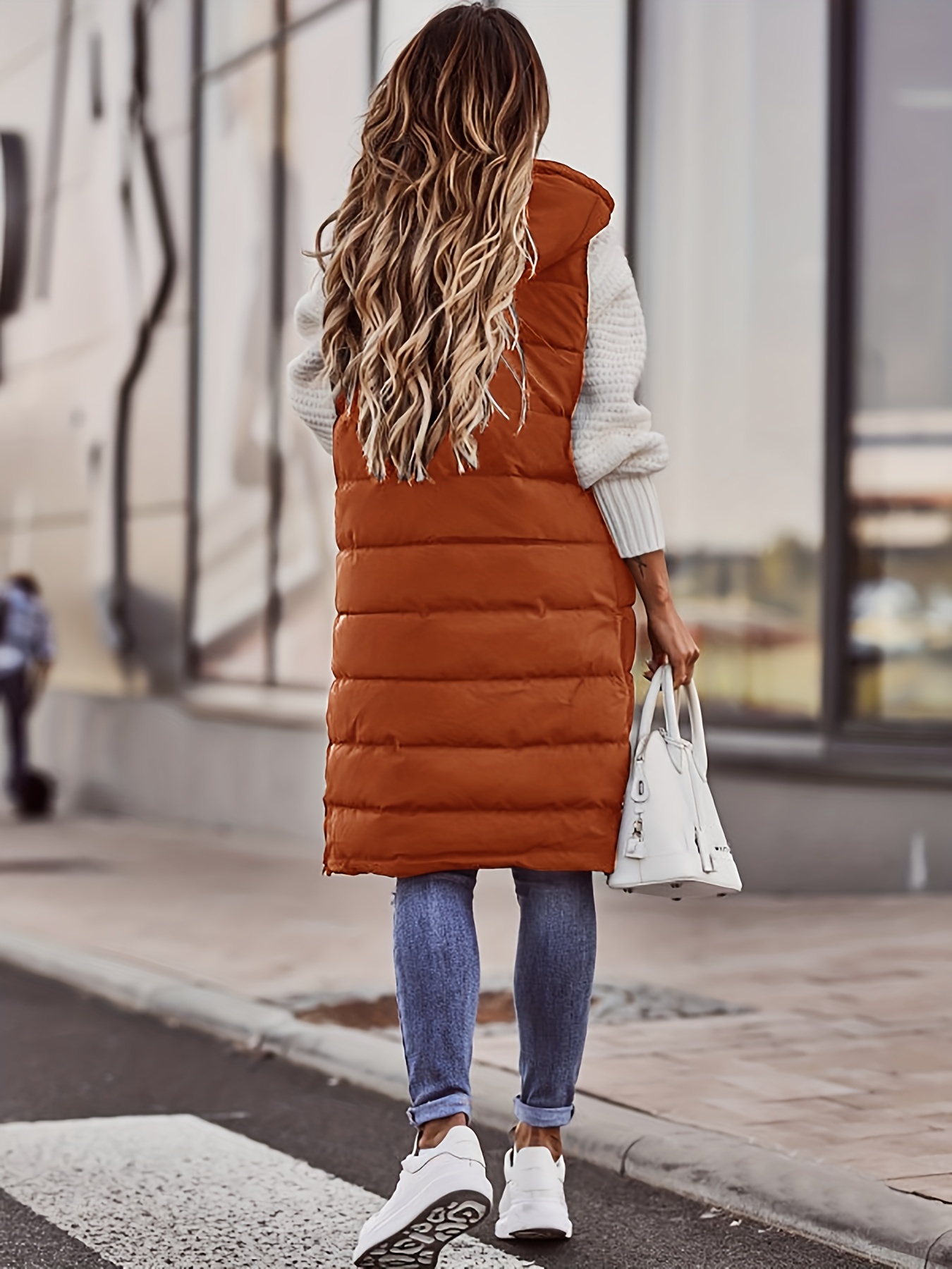 hooded sleeveless coat casual long length versatile winter warm outerwear womens clothing details 2