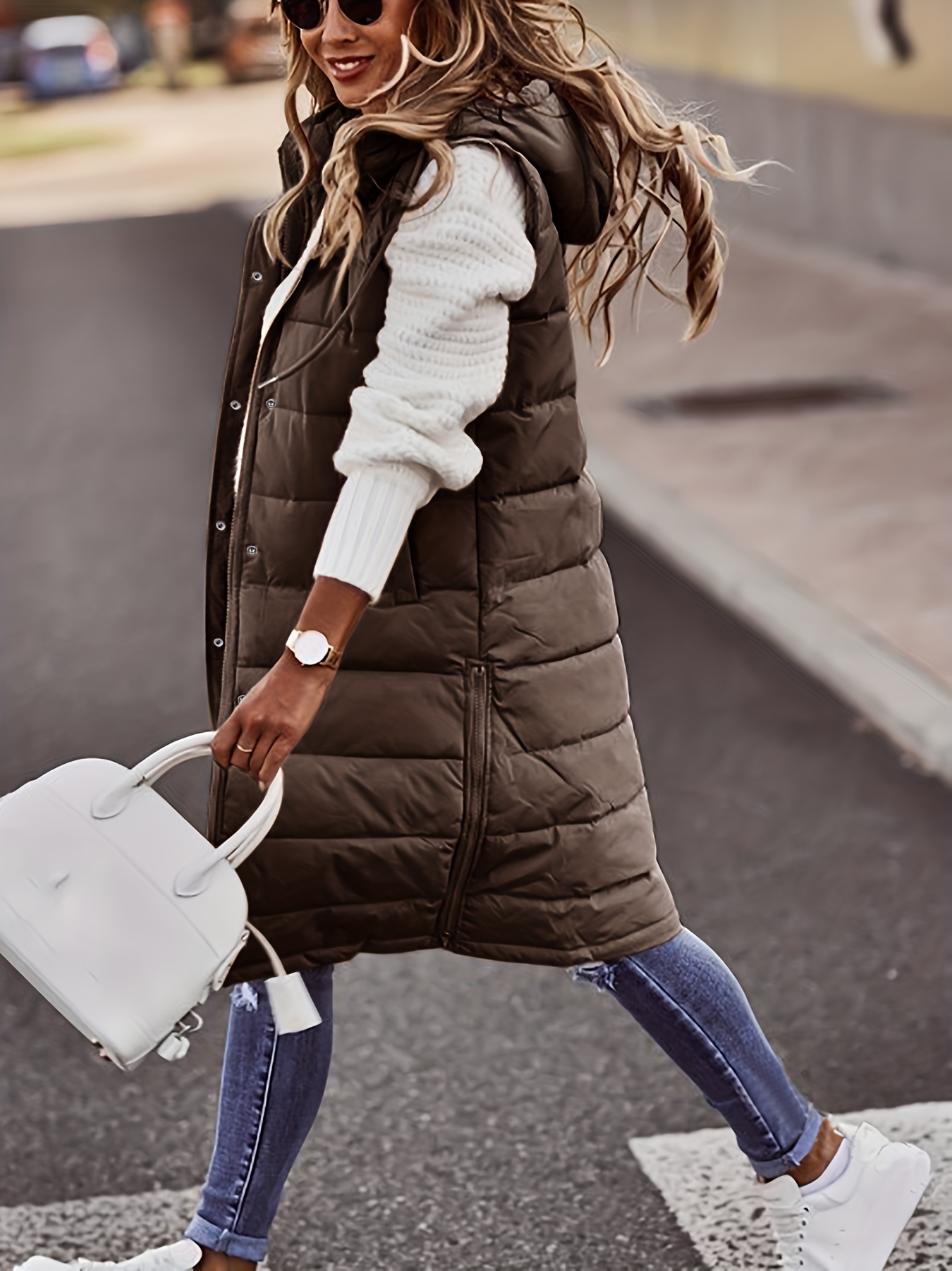 hooded sleeveless coat casual long length versatile winter warm outerwear womens clothing details 8