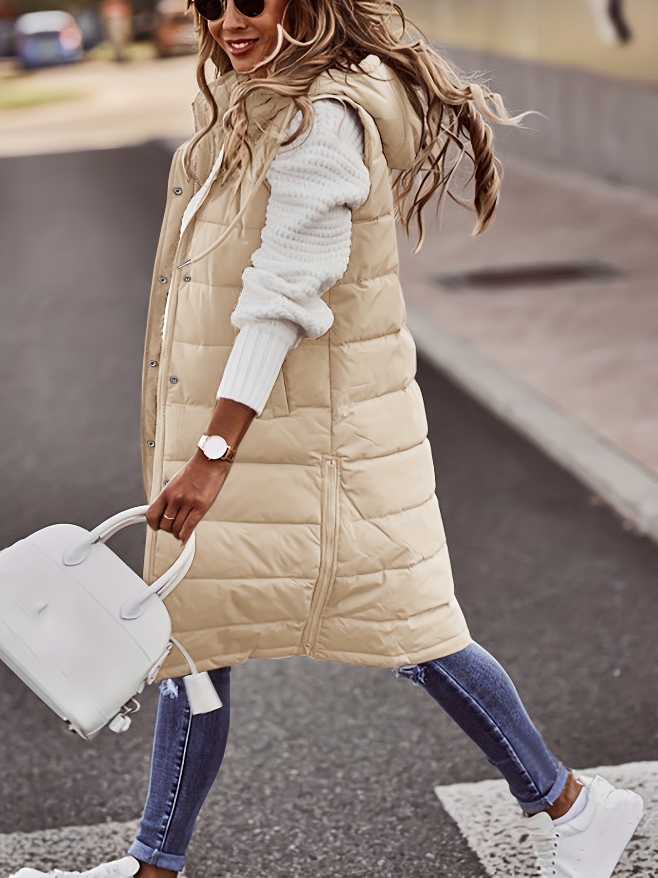 hooded sleeveless coat casual long length versatile winter warm outerwear womens clothing details 24