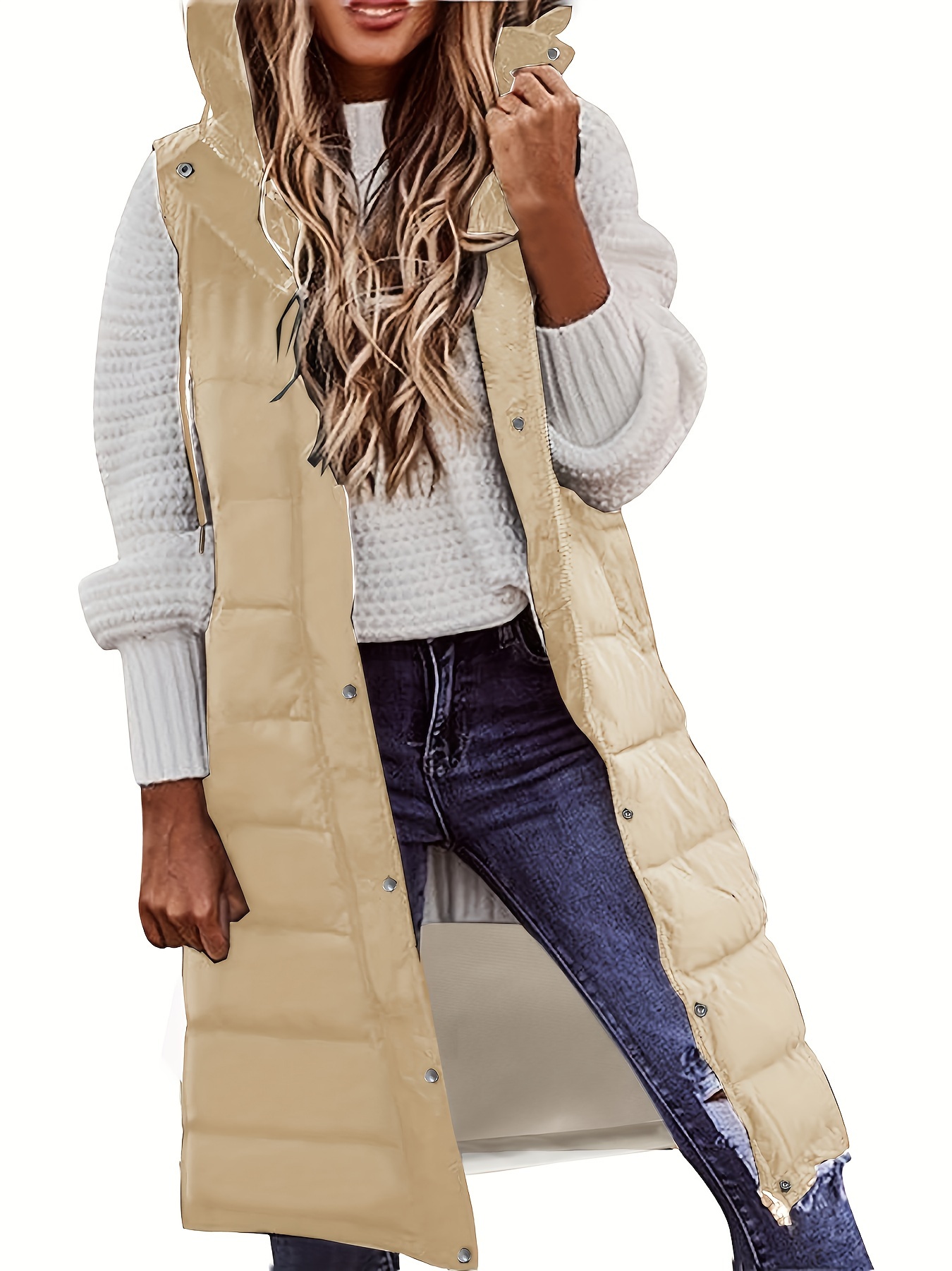 hooded sleeveless coat casual long length versatile winter warm outerwear womens clothing details 27