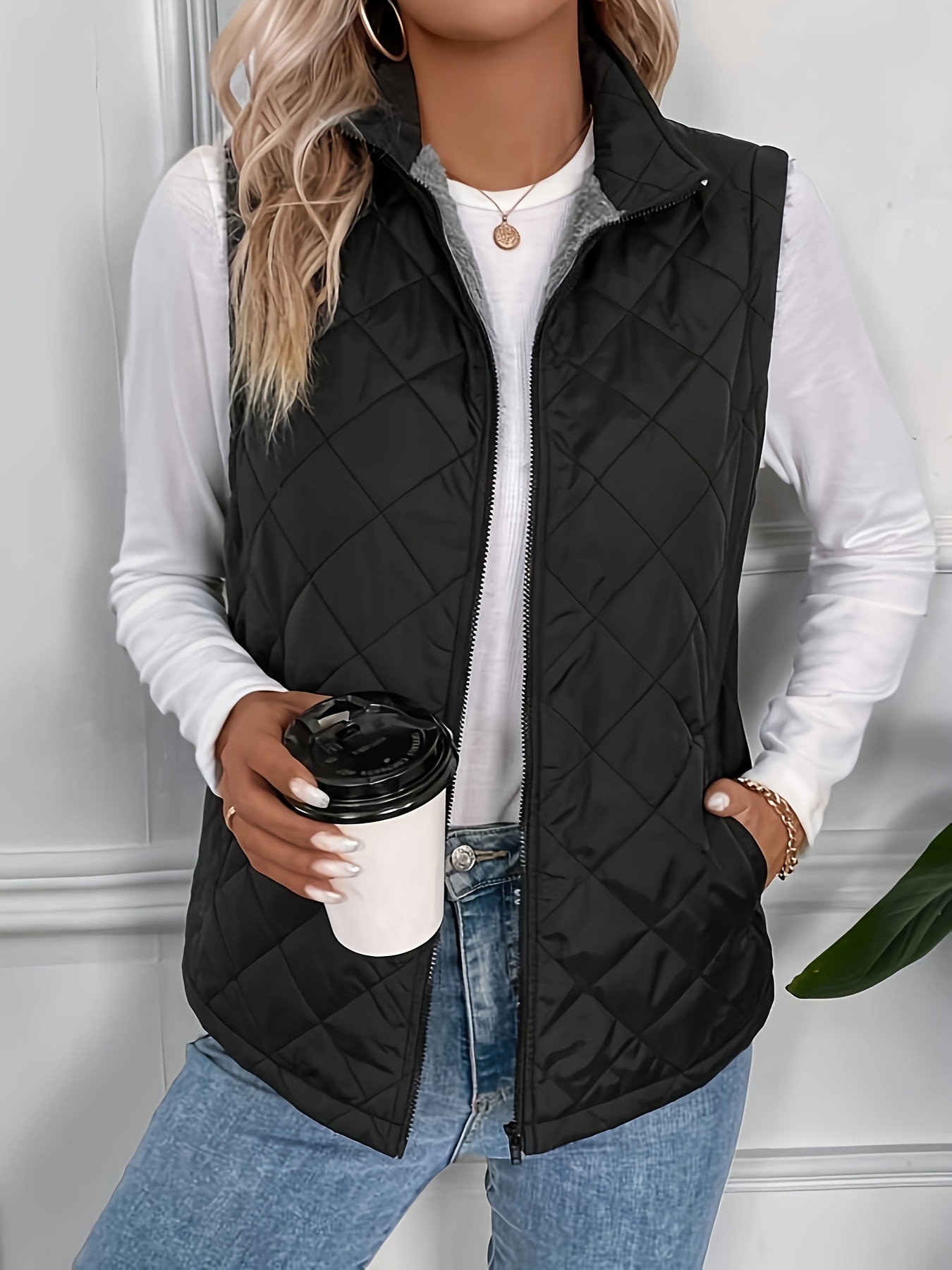 argyle pattern fall winter vest casual zip up sleeveless vest womens clothing details 3